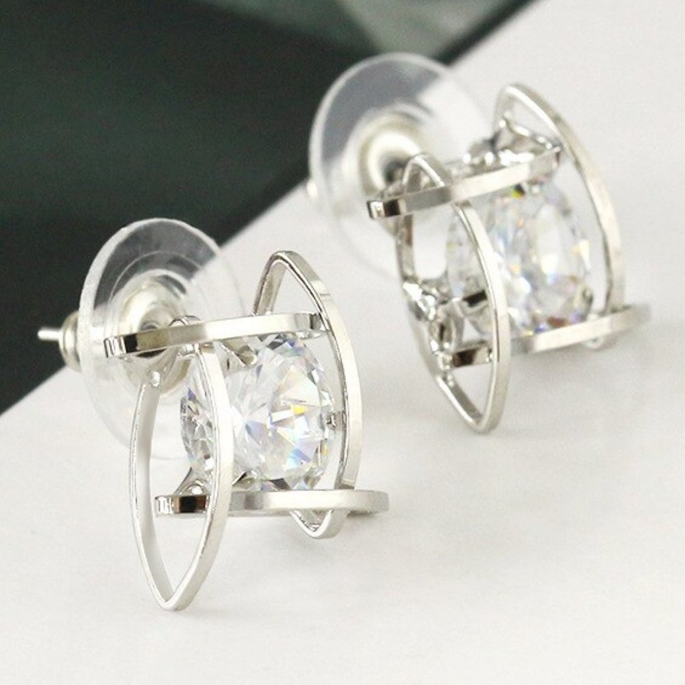 Geometric Hollow Crystal Cage Silver Earrings - Picture 1 of 7